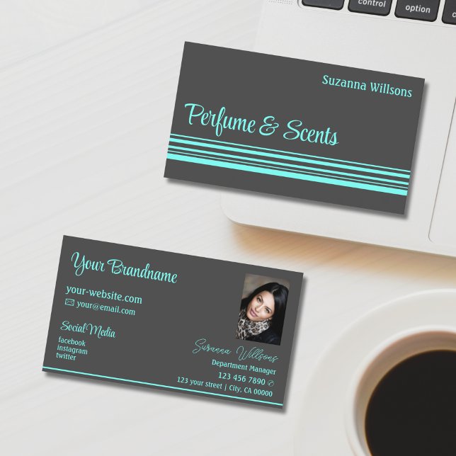 Dark Grey and Teal Stripes with Photo Professional Business Card (Creator Uploaded)