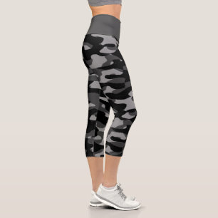 Dark Grey Black And White Camouflage Pattern Capri Leggings