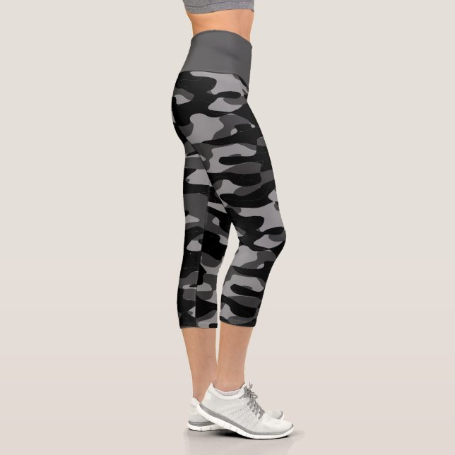 Dark Grey Black And White Camouflage Pattern Capri Leggings (Right)