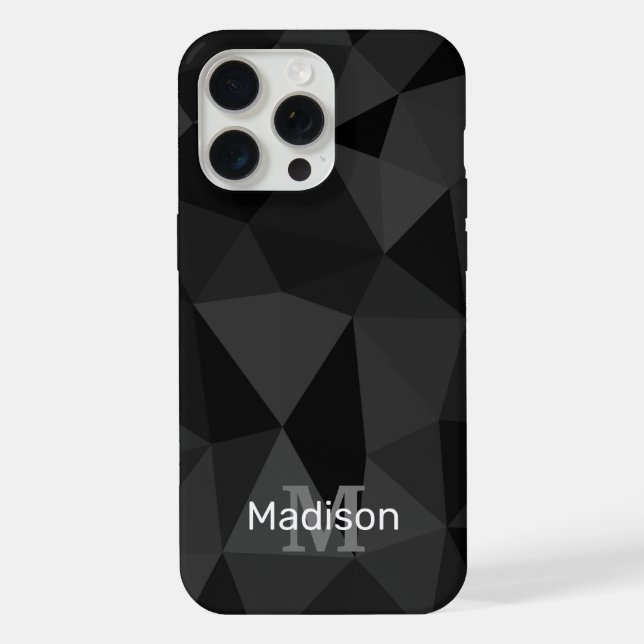 Dark grey black geometric mesh pattern Monogram iPhone Case (Back)
