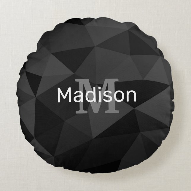 Dark grey black geometric mesh pattern Monogram Round Cushion (Front)