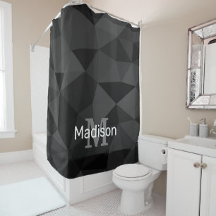 Dark grey black geometric mesh pattern Monogram Shower Curtain