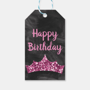 Dark Grey Black paintbrush and Pink Crown Birthday Gift Tags