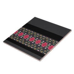 Dark Grey Black With Fuchsia Pink Floral Tile