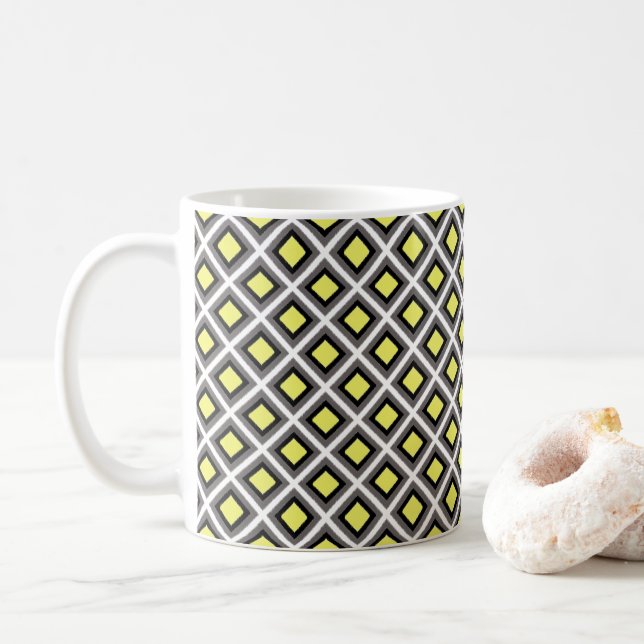 Dark Grey, Black, Yellow Ikat Diamonds by STaylor Coffee Mug (With Donut)