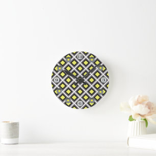 Dark Grey, Black, Yellow Ikat Diamonds by STaylor Round Clock