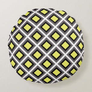 Dark Grey, Black, Yellow Ikat Diamonds by STaylor Round Cushion