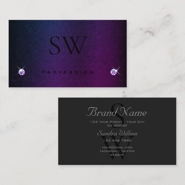 Dark Grey Blue Purple Gradient Pattern Initials Business Card (Front/Back)