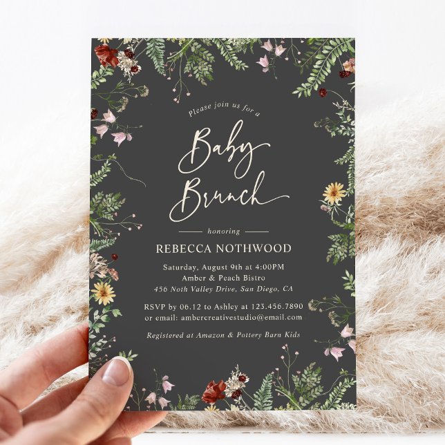 Dark Grey Boho Wildflowers Baby Brunch Invitation (Creator Uploaded)