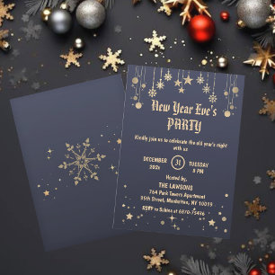 Dark Grey-Bronze Stars & Snowflakes New Year Party Invitation