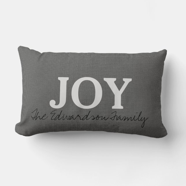 Dark grey burlap JOY script Family name holiday Lumbar Cushion (Front)