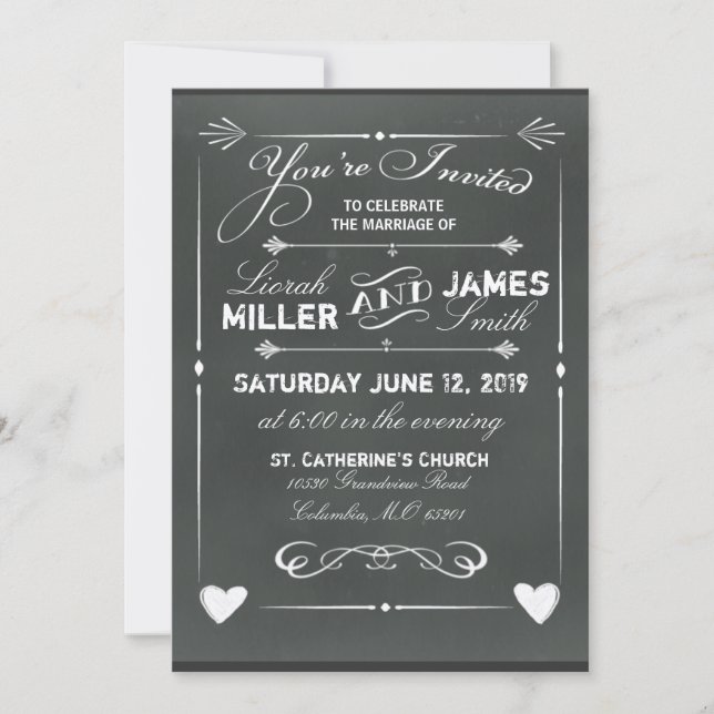 Dark Grey Chalkboard Wedding Invitation with heart (Front)