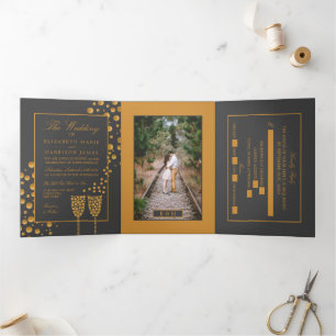 Dark Grey Champagne Bubbles, Wedding Suite Tri-Fold Invitation