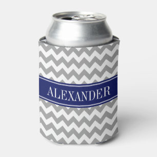 Dark Grey Chevron Navy Blue Name Monogram Can Cooler