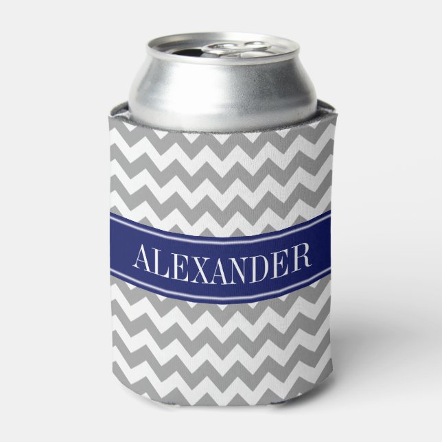 Dark Grey Chevron Navy Blue Name Monogram Can Cooler (Can Front)