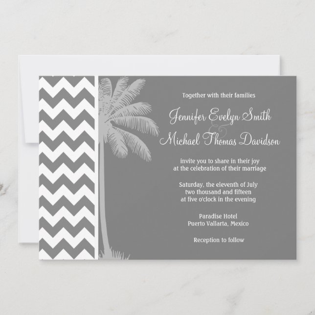 Dark Grey Chevron; Tropical Palm Invitation (Front)