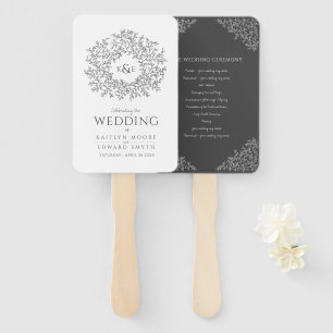 Dark grey circle leaves monogram wedding program hand fan