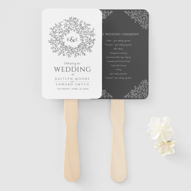 Dark grey circle leaves monogram wedding program hand fan (Front and Back)