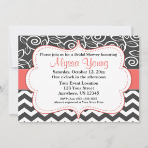 Dark Grey Coral Chevron Scroll Invitation