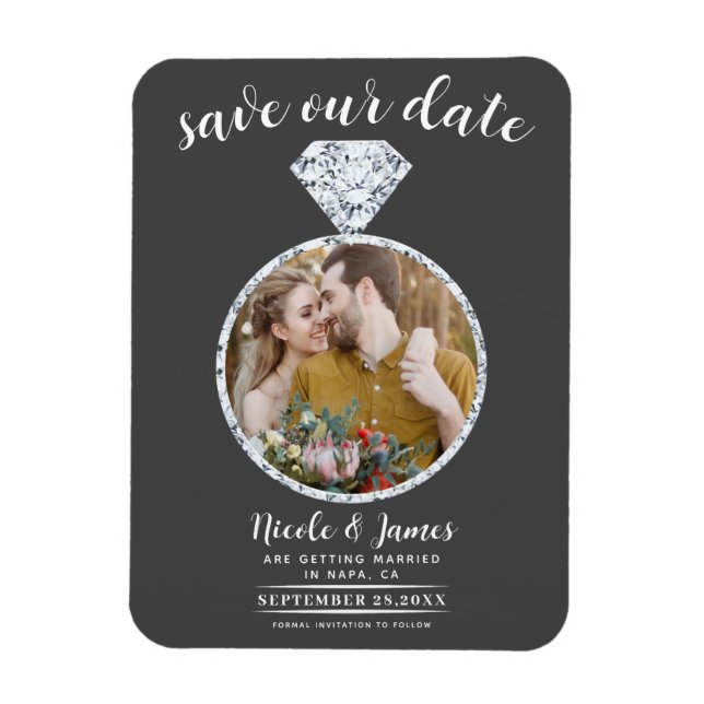 Dark Grey Diamond Ring Bling Photo Save the Date Magnet (Vertical)