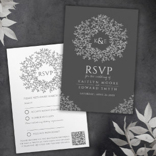 Dark grey drawn leaf monogram RSVP wedding QR Code Enclosure Card
