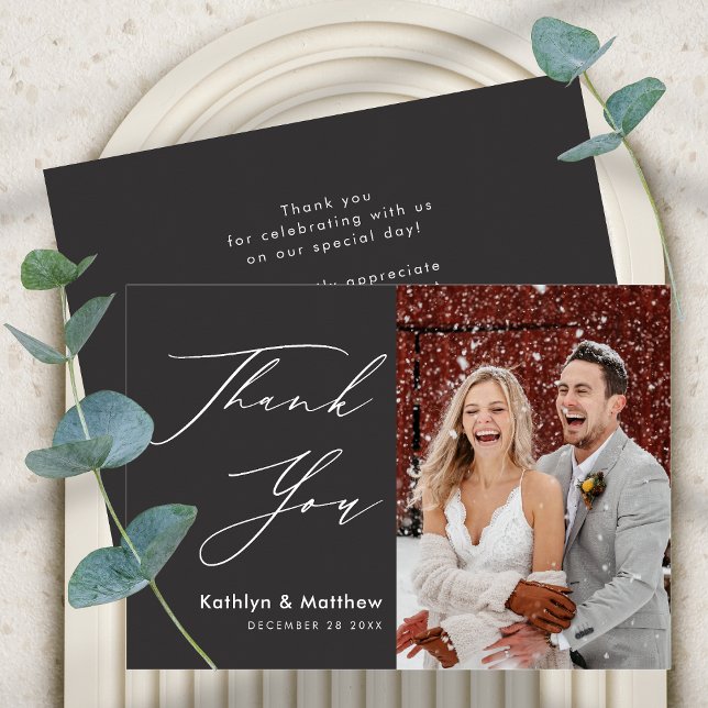 Dark Grey Elegant Script Modern Photo Wedding Thank You Card (Creator Uploaded)