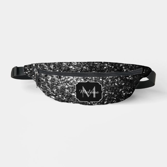 Dark grey faux glitter sparkles Monogram Bum Bags (Front)