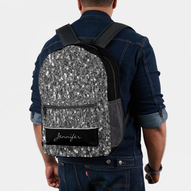 Dark grey faux glitters sparkles black Custom name Printed Backpack (Insitu (Model))