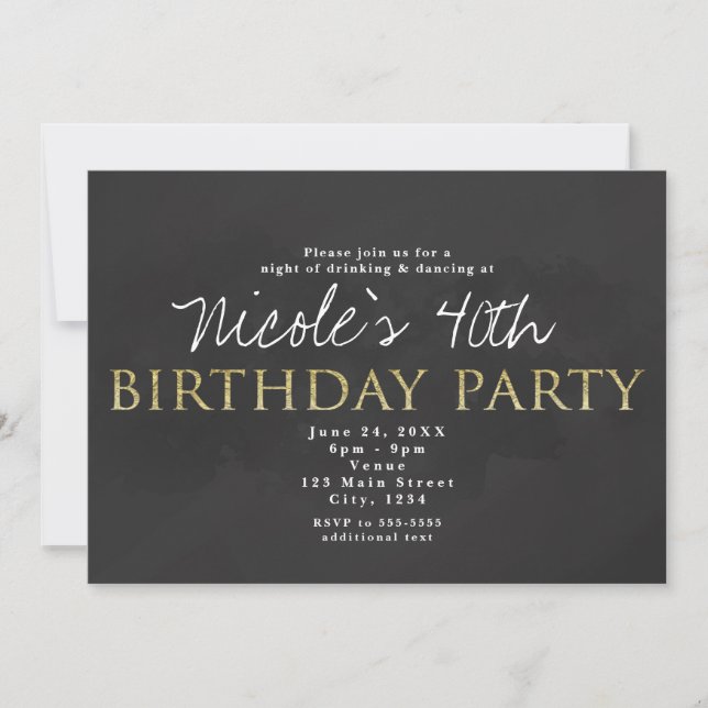 Dark Grey & Gold Birthday Party Invitations (Front)