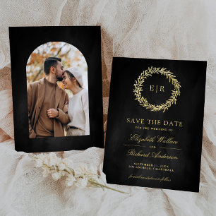Dark Grey Gold Leaf Branch Wedding Photo Save The Date