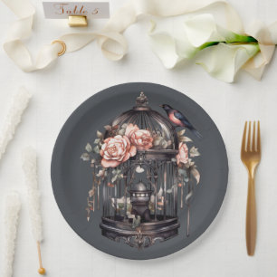 Dark Grey Gothic Black Pink Birdcage  Shower Paper Plate