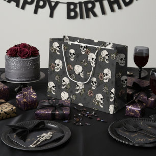 Dark Grey Gothic Skulls and Roses Halloween Large Gift Bag