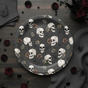 Dark Grey Gothic Skulls and Roses Halloween Paper Plate