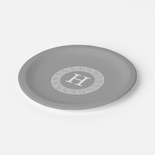 Dark Grey Greek Key Rnd Frame Initial Monogram Paper Plate (Angled)