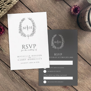 Dark grey hand drawn leaf monogram RSVP wedding Card