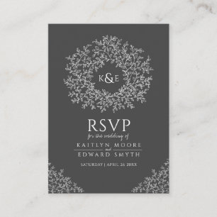 Dark grey hand drawn leaf monogram RSVP wedding Enclosure Card