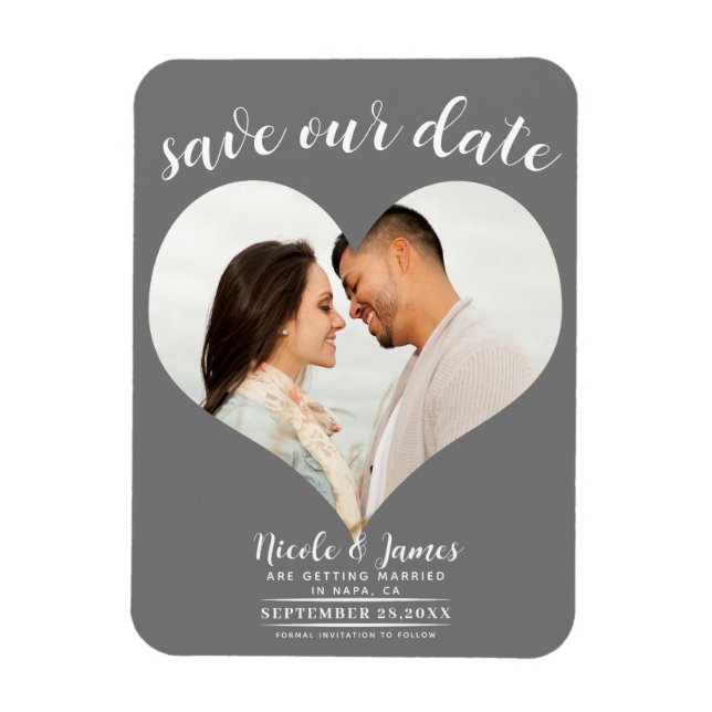 Dark Grey Heart Photo Wedding Save the Date Magnet (Vertical)