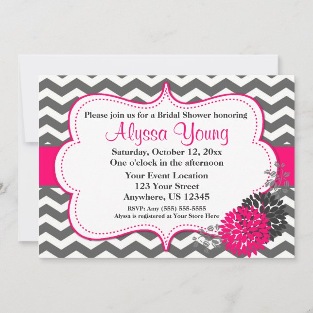 Dark Grey Hot Pink Chevron Invitation (Front)