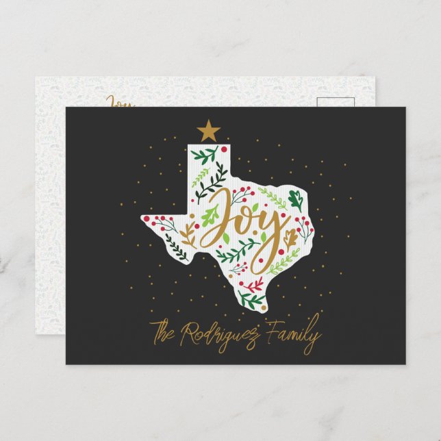 Dark Grey Joy Holiday Leaves Texas Shape Postcard (Front/Back)