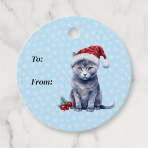 Dark Grey Kitty Wearing a Red Winter Pompom Hat Favour Tags