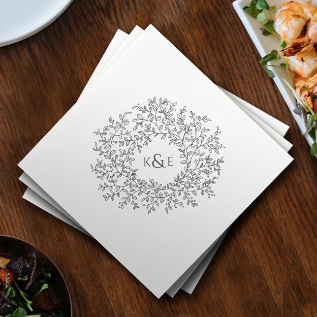 Dark grey leaf circle monogram art wedding custom napkin (Creator Uploaded)