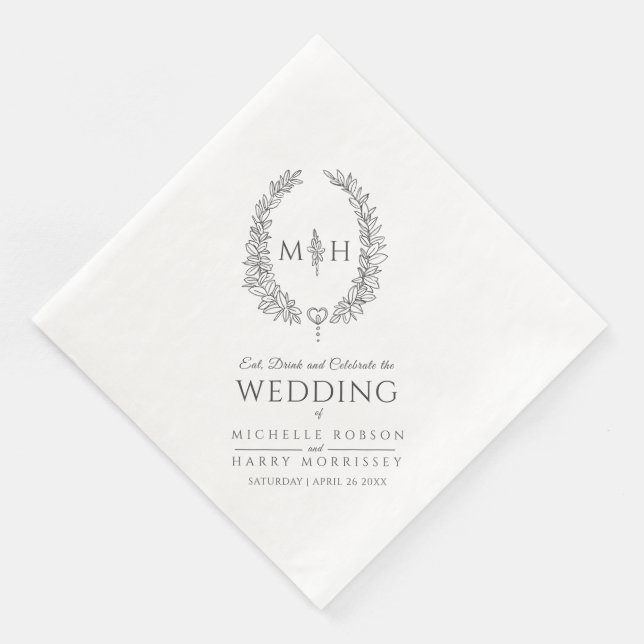 Dark grey leaf oval wreath monogram art wedding napkin (Corner)