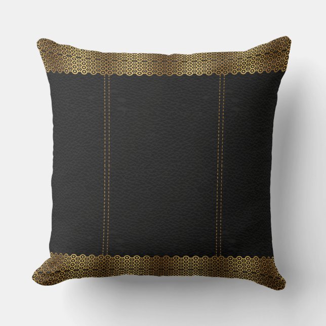 Dark Grey Leather & Gold Geometric Border Cushion (Front)