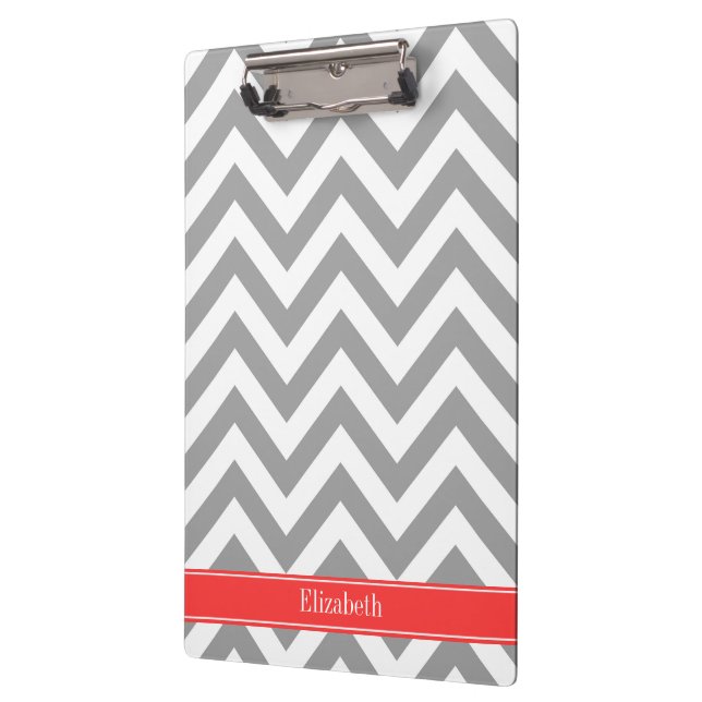 Dark Grey Lg Chevron Coral Red Name Monogram Clipboard (Left)