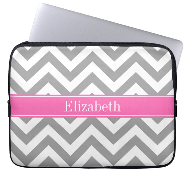 Dark Grey Lg Chevron Hot Pink #2 Name Monogram Laptop Sleeve (Front)