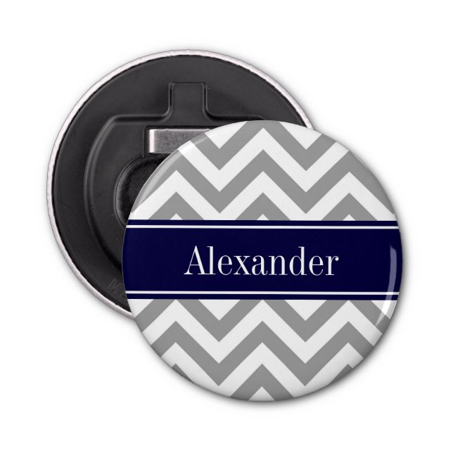 Dark Grey Lg Chevron Navy Blue Name Monogram Bottle Opener (Front)
