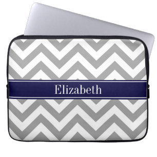 Dark Grey Lg Chevron Navy Blue Name Monogram Laptop Sleeve
