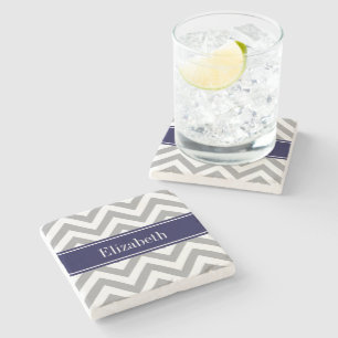 Dark Grey Lg Chevron Navy Blue Name Monogram Stone Coaster