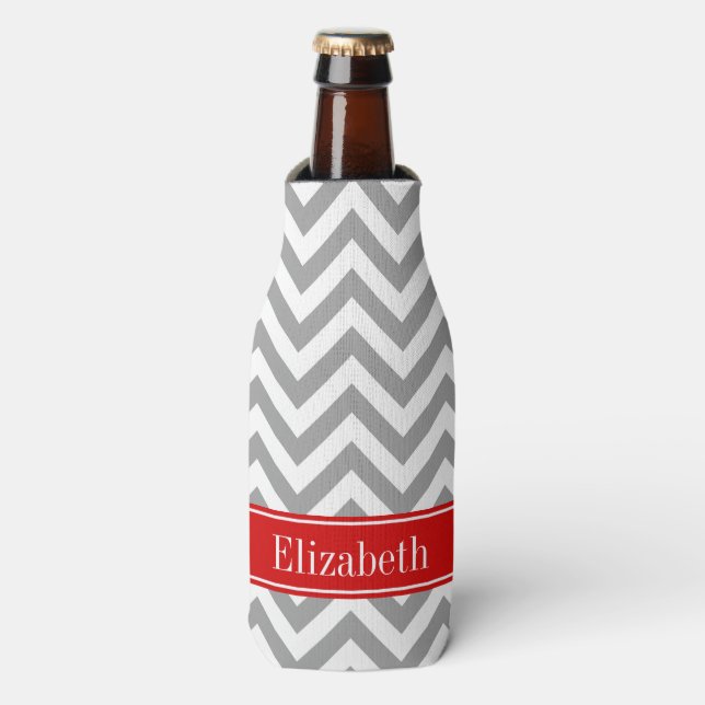 Dark Grey Lg Chevron Red Name Monogram Bottle Cooler (Bottle Front)