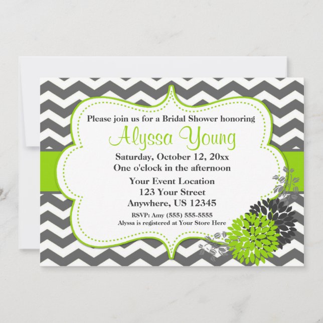 Dark Grey Lime Green Chevron Invitation (Front)